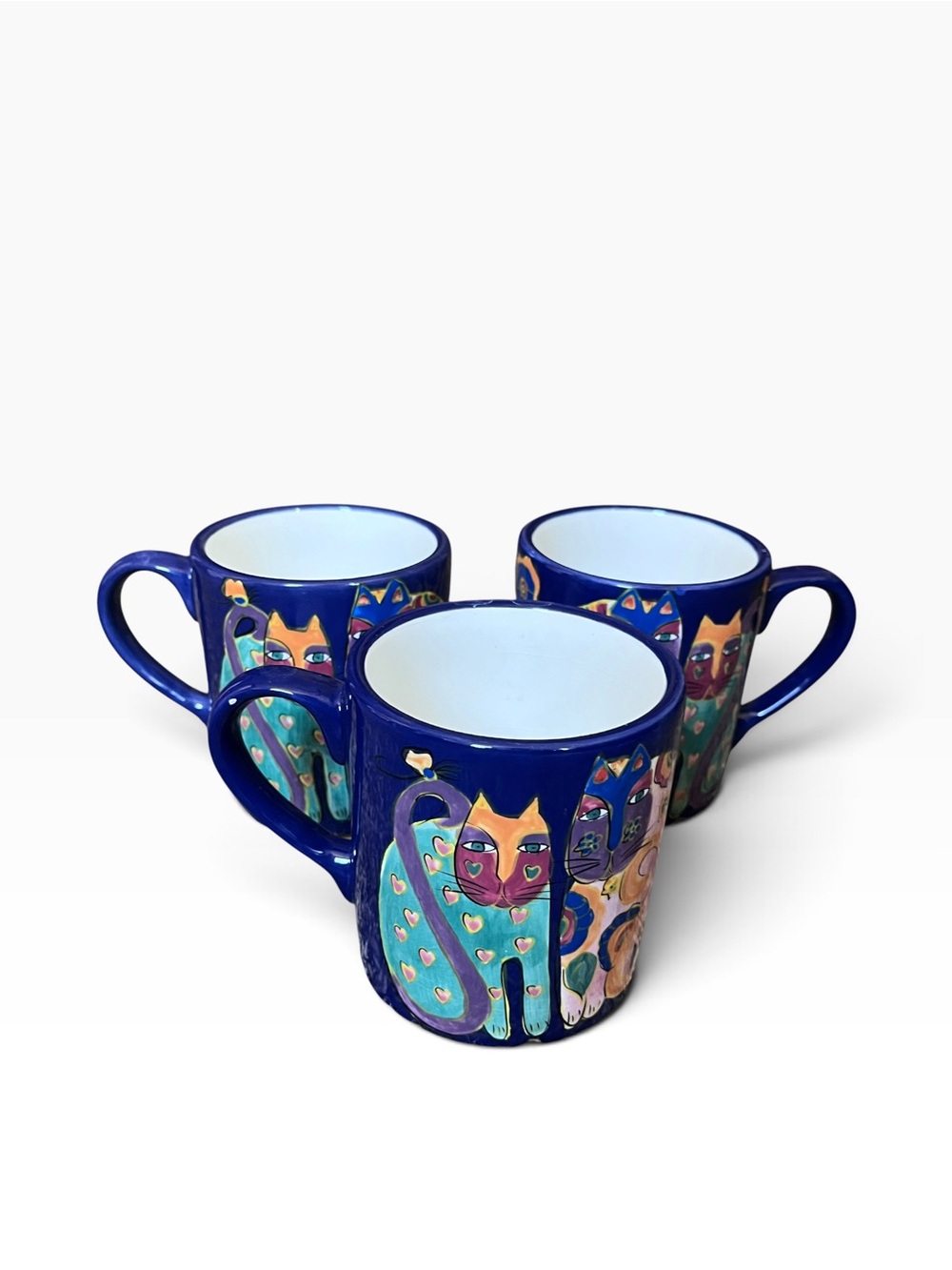 1991 Laurel Burch Cat Mugs Large Blue Coffee Tea Multicolor Floral Hearts Cats